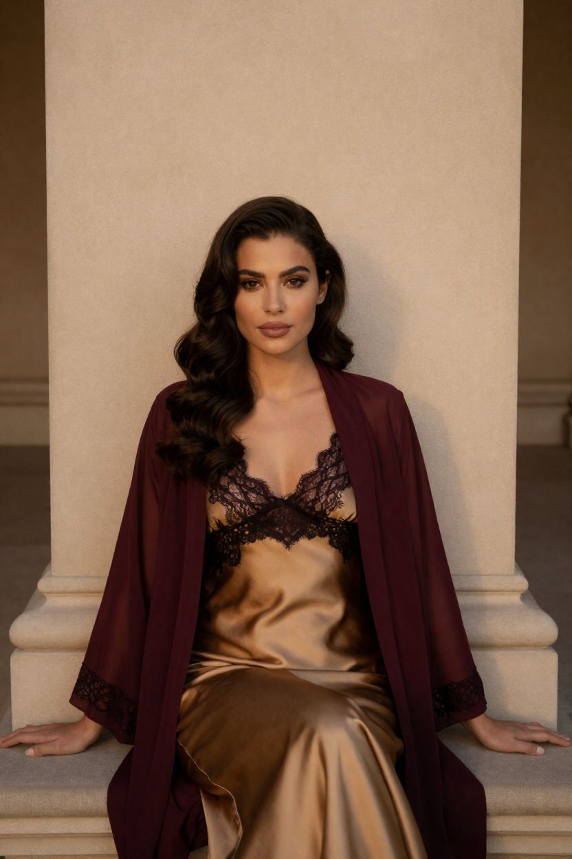 Fictional 29-year-old woman, dark chestnut hair in long polished waves over one shoulder, fair skin with